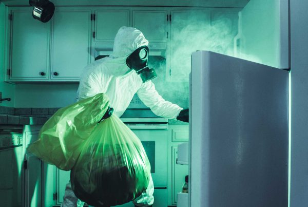 A person in a hazmat suit cleans out a refrigerator.